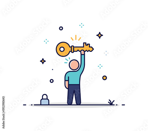 Unlocking potential self confidence theme featuring a small figure holding a key above their head with a subtle glow accent, symbolizing inner strength and