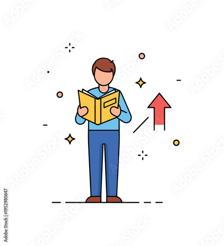 Person reading self improvement journey illustrated by a standing figure holding a book with a small upward arrow accent beside it. A motivational concept