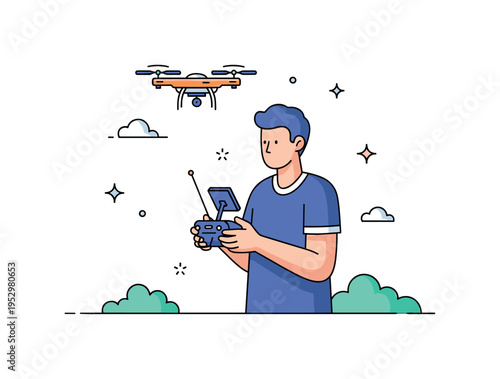 Man with drone controller standing outdoors holding a compact remote with antenna while a small quadcopter hovers above, expressing focus, modern hobby
