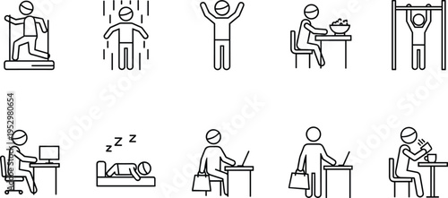 Comprehensive daily routine line icon set featuring exercise, showering, eating, working, sleeping, shopping, and drinking coffee for healthy lifestyle designs.