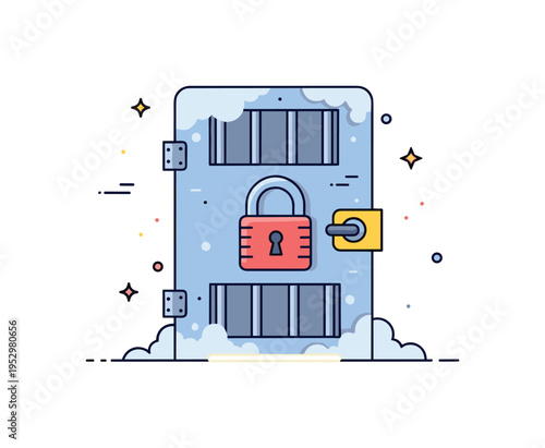 Locked prison door with large padlock and subtle frost-like texture suggesting emotional coldness and rigid boundaries. A narrow light strip beneath the door