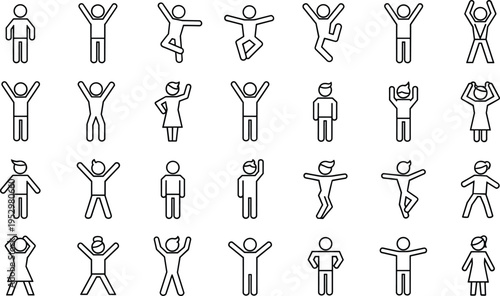 Comprehensive line icon set of people in various poses inestyle designs.