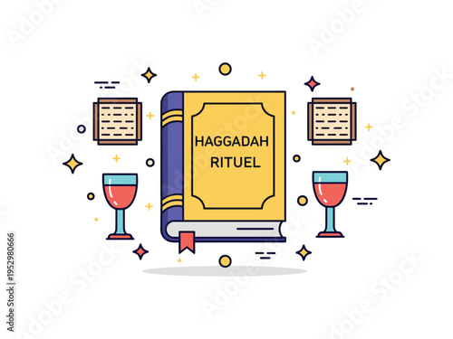 Holiday ritual badge with a stylized Haggadah book framed by small matzah and cup icons, expressing Jewish heritage, family tradition, and ceremonial