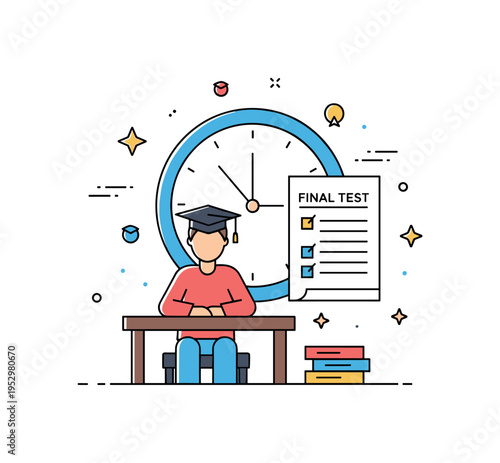 High stakes exam student seated at a desk with a large clock behind and a paper labeled Final Test, expressing pressure, time sensitivity and important