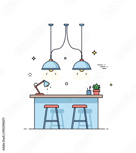 Contemporary interior detail minimalist pendant lamps with visible cords hanging over a kitchen island with two bar stools, symbolizing stylish home decor and
