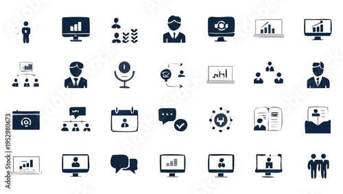 Modern icons representing various aspects of corporate communication and teamwork