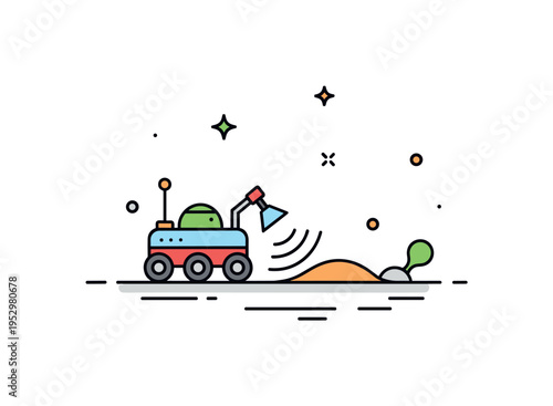 Space exploration rover detecting signs of life illustrated by a small rover icon scanning the ground with a subtle signal wave and tiny organic shape nearby,