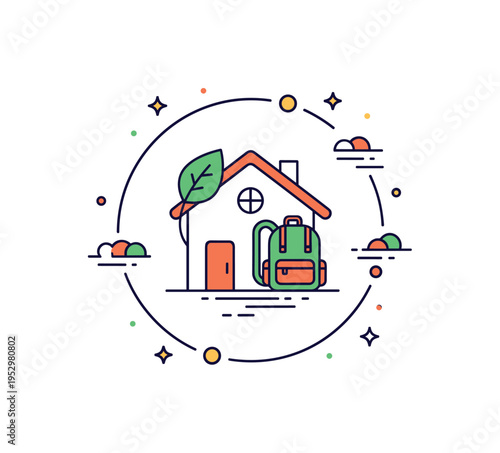 Eco nomad youth concept badge stylized tiny house with leaf and small backpack icon inside a circular frame, capturing sustainability, mobility, and youthful
