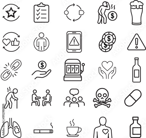 Addiction vector icon set, beer, cigarette, gambling, skull, poor man, broken chain, old man, lungs, pill, medicine, warning, phone