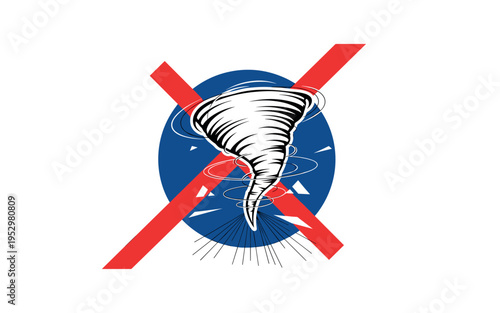 black and white dramatic tornado funnel as main object, cut-out effect with white outline, layered with bold deep blue circular backdrop and sharp