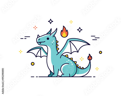 Mythical dragon character with simplified wings and a small flame accent, expressing legendary tales, power, and epic adventure themes. Clean rounded shapes