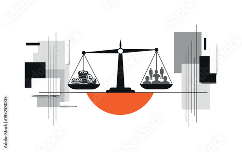 Black and white scale with stacks of coins on one side and small human silhouettes on the other, perfectly balanced yet tense, bold orange semicircle anchoring