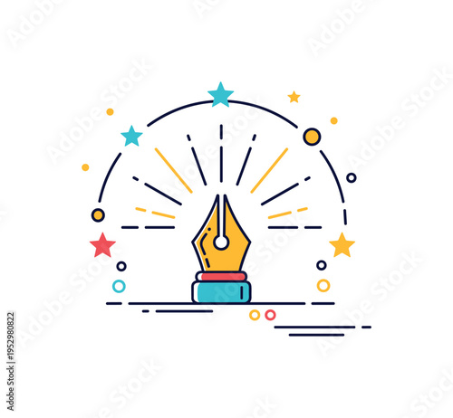 Typography craft badge circular emblem featuring a central nib icon with ink lines radiating outward, representing mastery, precision and artistic identity in