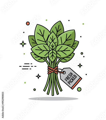 Kitchen herb bundle idea showing a tied bunch of basil leaves with a small tag reading Fresh Picked, symbolizing farm to table simplicity. The compact layout
