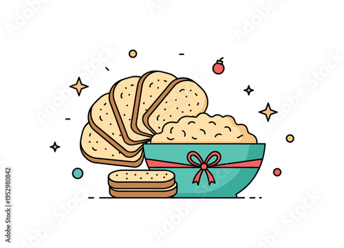 Crab dip holiday appetizer idea illustrated by a festive bowl tied with a small ribbon and paired with crisp bread slices arranged like a fan. A celebratory