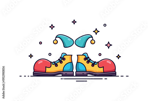 Cartoon inspired clown shoes centered in a compact badge layout with small decorative stars around, expressing cheerfulness and light comedic energy. The