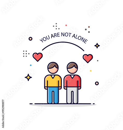 You are not alone message two small figures standing side by side beneath a subtle supportive arc with heart accents, expressing reassurance, empathy and