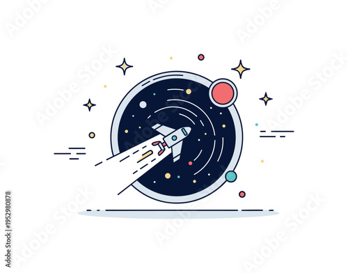 Interstellar travel vision centered on a stylized spacecraft entering a circular portal with star trails, symbolizing future innovation and long distance