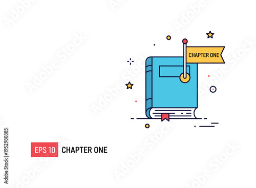 Storytelling milestone compact badge showing a book with a small flag marker labeled Chapter One, expressing anticipation and narrative beginning. Minimalist