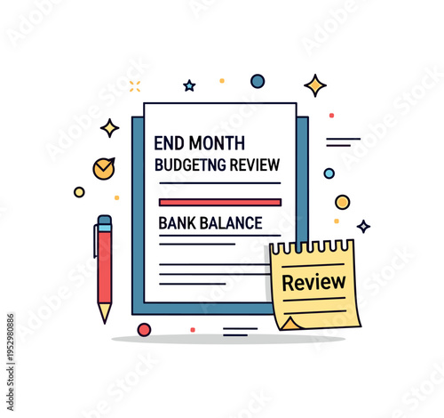 End of month budgeting review centered on a bank statement sheet with a bold balance line and a small sticky note reading Review, conveying reflection and