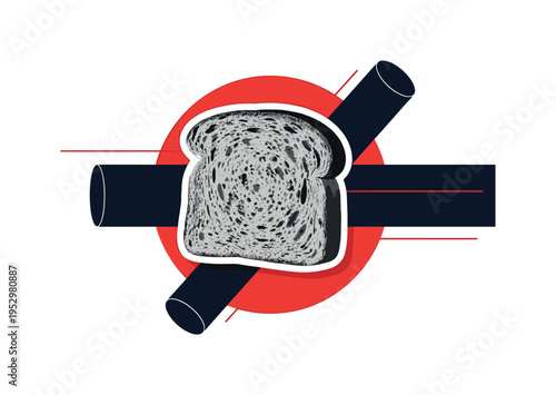 Monochrome close-up of sliced bread with detailed crumb texture, high-contrast black and white object with sticker-like white contour, oversized red circle
