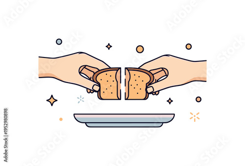 Dividing the last portion concept centered on a small piece of bread split carefully between two plates, expressing fairness and care in difficult times. The