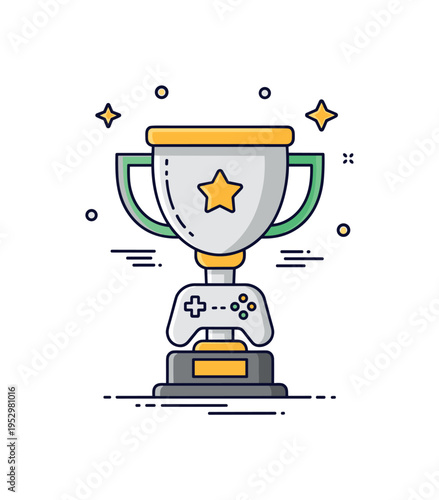 Esports victory award featuring a modern trophy with a small game controller icon integrated into the base, expressing digital competition and online triumph.