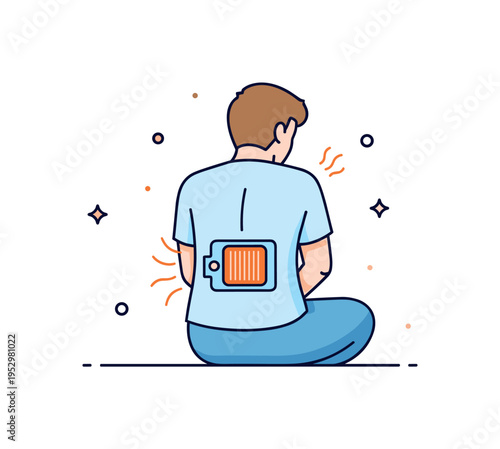 Heating pad for sore back concept featuring a seated figure with a small rectangular heat pad icon placed on the lower back and gentle warmth lines radiating