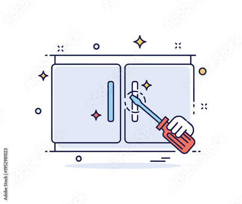 Kitchen upgrade project theme featuring a cabinet outline with a screwdriver adjusting a handle and subtle sparkle accents. The scene communicates small