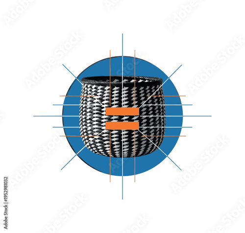 Black and white woven basket centered in composition, bold orange equal sign subtly integrated into the weave pattern, blue circular frame surrounding the