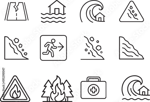 Disaster vector icon set, cracked road, flooded house, tsunami, landslide, exit, fire warning, forest fire, first aid kit