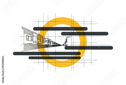black and white residential district houses in perspective view, overlapped with bold yellow circular frame and charcoal abstract bars, thin vertical and