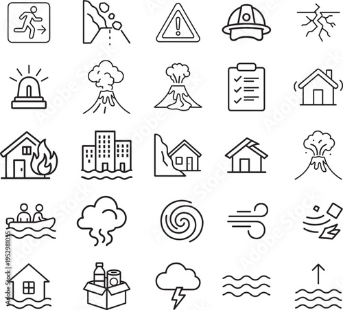 Disaster vector icon set, exit, landslide, warning, helmet, crack, siren, volcano, checklist, house fire, flooded building, boat, smoke, hurricane, wind, debris, supplies, lightning, earthquake, flood