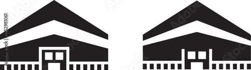 Geometric black and white iconic representation of a modern building with a peaked roof and symmetrical front entrance isolated on a transparent background