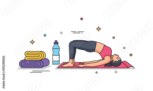 Home fitness corner with Pilates mat illustrated alongside a neatly folded towel and water bottle, while a person performs a gentle bridge pose, expressing