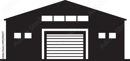 Simple silhouette illustration of a large warehouse building with a prominent roller shutter door and multiple windows representing industrial architecture