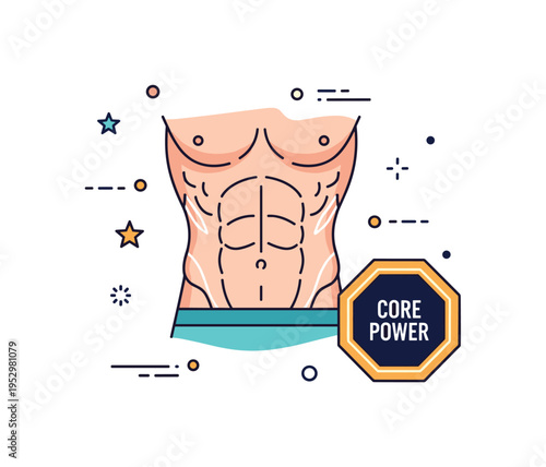Defined abs fitness goal concept centered on a stylized male torso with clearly shaped abdominal muscles and subtle highlight lines emphasizing strength and