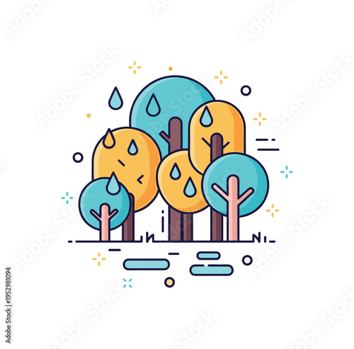 Rain in the forest illustrated by rounded tree canopies with gentle raindrops and small puddle shapes below, expressing calm weather, nourishment, and natural