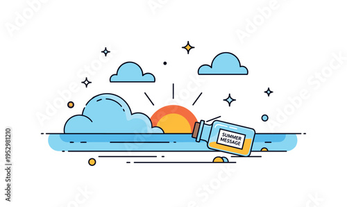 Evening calm at the beach bright descending sun with soft cloud shapes and a small bottle labeled Summer Message resting near the waterline, suggesting