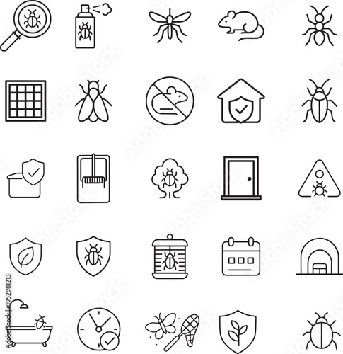 Pest vector icon set, magnifying glass, spray, mosquito, mouse, ant, fly, cockroach, beetle, screen, trap, shield, house, zapper, warning, calendar, net.