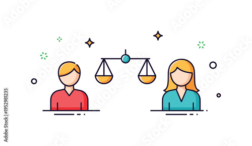 Market equilibrium consumer producer balance theme represented by two simple figure icons facing each other with a balanced scale between them. The composition