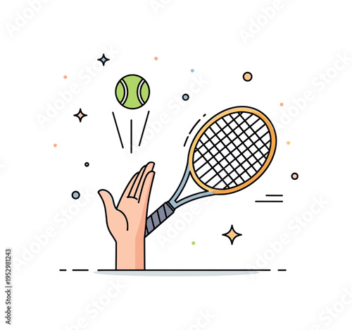Tennis serve moment captured with a ball tossed upward above a racket and subtle impact spark detail. The illustration emphasizes timing, technique, and