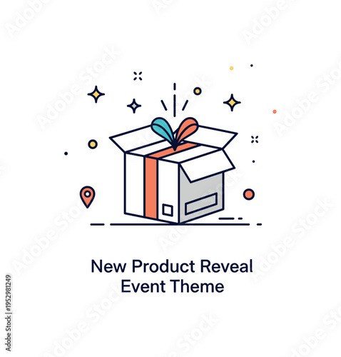 New product reveal event theme featuring a boxed item with ribbon accent and small spark details, symbolizing celebration and first presentation to the public.