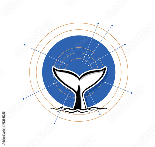 Black and white whale tail emerging from water surface simplified as flat shape, bold blue circular halo and orange concentric arcs expanding outward, thin