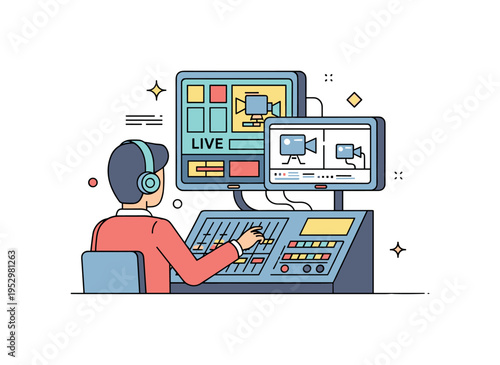 Live broadcast control center technician adjusting a vision mixer panel surrounded by stacked screens showing simplified camera feeds, conveying precision,