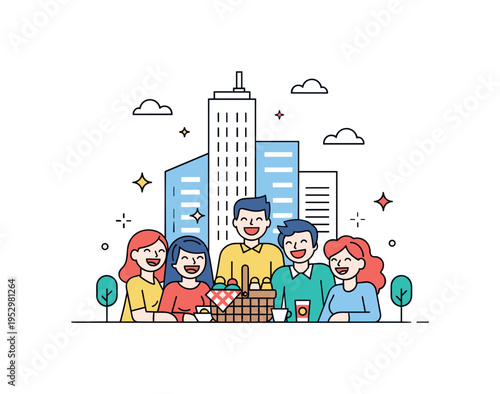 Metropolitan picnic weekend escape theme showing a group laughing around a picnic basket with subtle sparkle accents and simplified high rise shapes behind. A