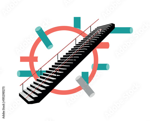 black and white staircase ascending into bright flooded light, oversized teal semicircle above and red rectangular shapes intersecting lower area, thin