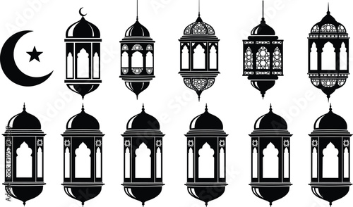 Set of Fifteen Detailed Black Mosque Silhouettes Featuring Diverse Dome and Minaret Architectural Designs for Ramadan Kareem and Eid Mubarak Religious Festival Graphic Projects