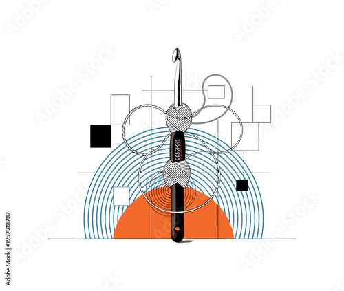 Black and white crochet hook enlarged as central object with flowing yarn forming geometric loops, bright orange semicircle anchoring the base and blue