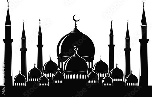 Set of Fifteen Detailed Black Mosque Silhouettes Featuring Diverse Dome and Minaret Architectural Designs for Ramadan Kareem and Eid Mubarak Religious Festival Graphic Design Projects